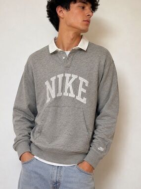 Nike Vintage Style Rugby Sweatshirt Gray White Collared Pullover Men’s Large